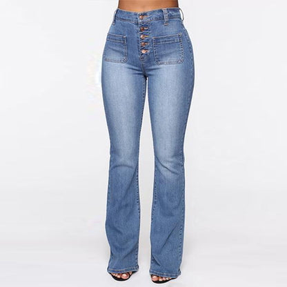 Women Patch Pocket Washed Ladies High Waist Denim Trousers