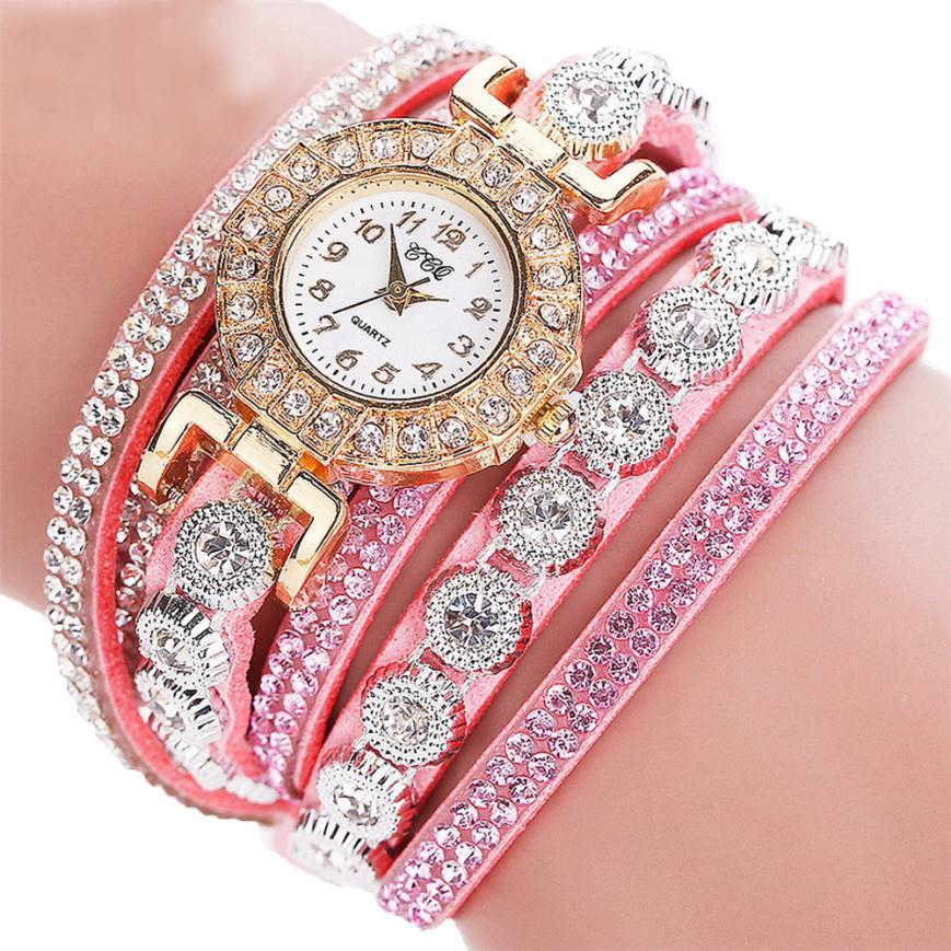 Relogio Women Quartz  PU Leather Rhinestone Watch Bracelet