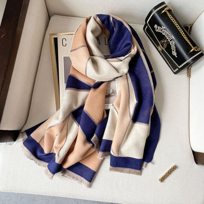 Color Block Warm Scarf Shawl Double-sided Imitation Cashmere