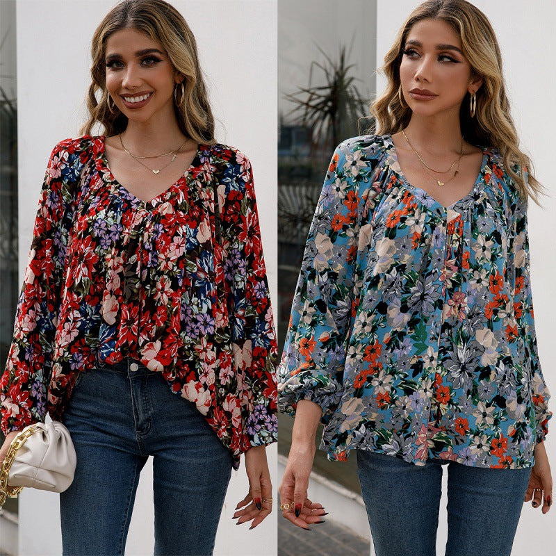 Chemise décontractée ample à col en V et à petites fleurs à manches longues