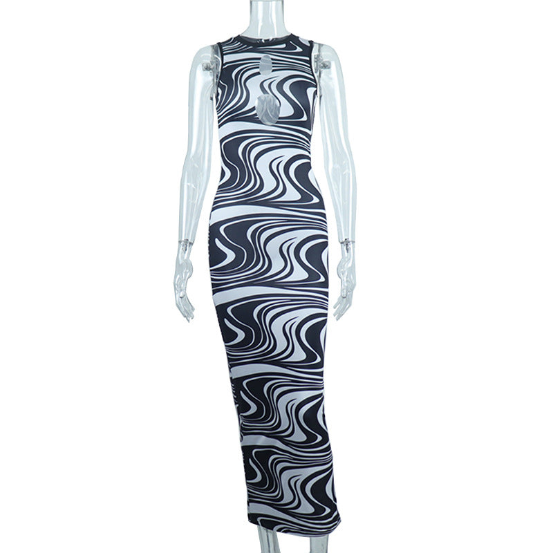 Col rond Impression numérique Couleur ContrasteHollow Slim Dress