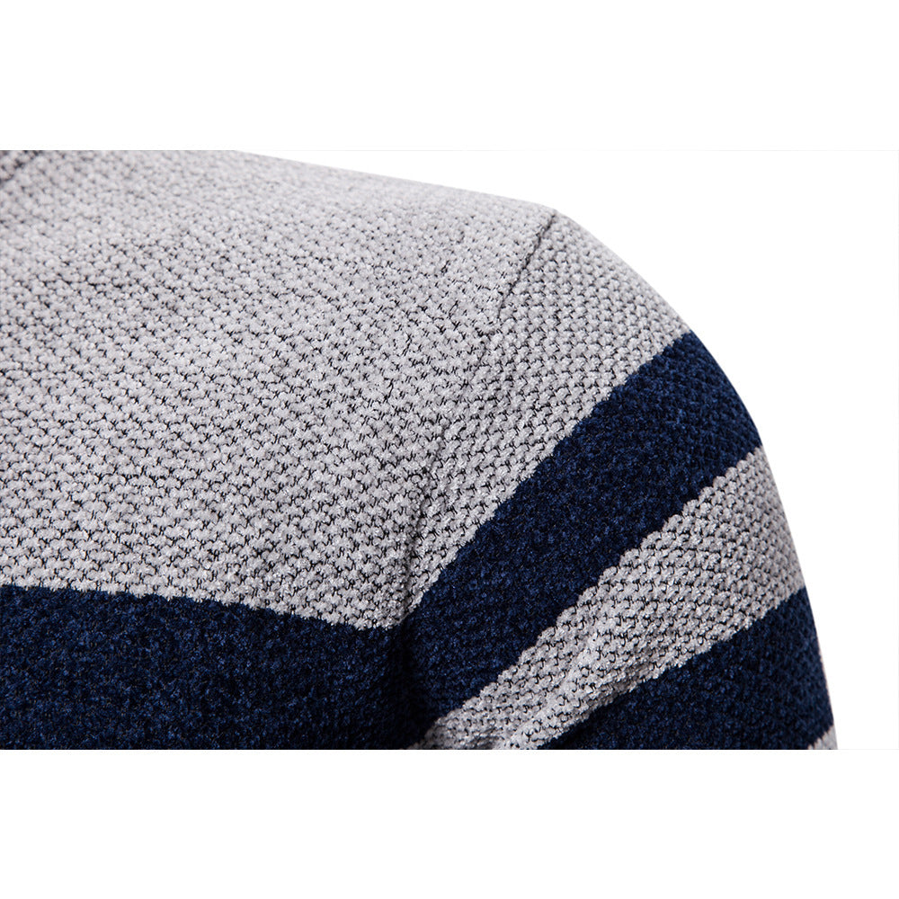 Casual Sweater Men Stand Collar Striped Color Matching Long Sleeves