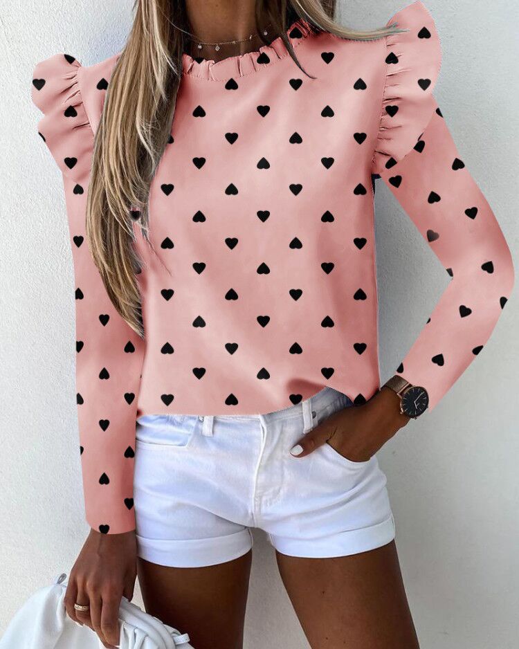 Blusa con estampado de piña y cuello redondo de manga larga con volantes