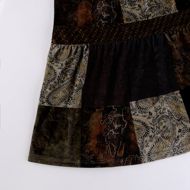Vintage Contrast Panel Velvet Skirt