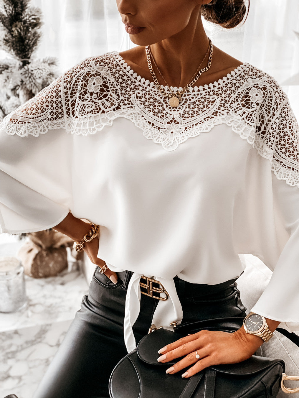 Long-Sleeved Lace Stitching Shirt