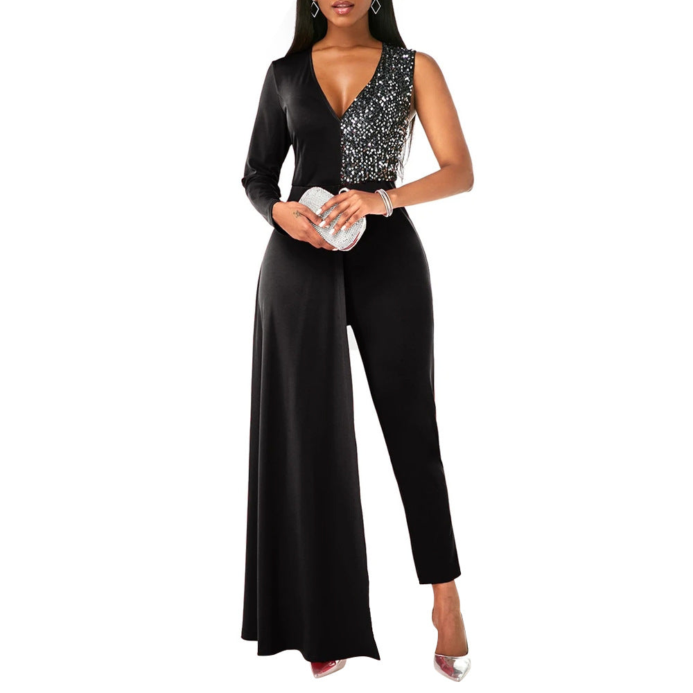 V-neck Sequin Covered Hip Jumpsuit