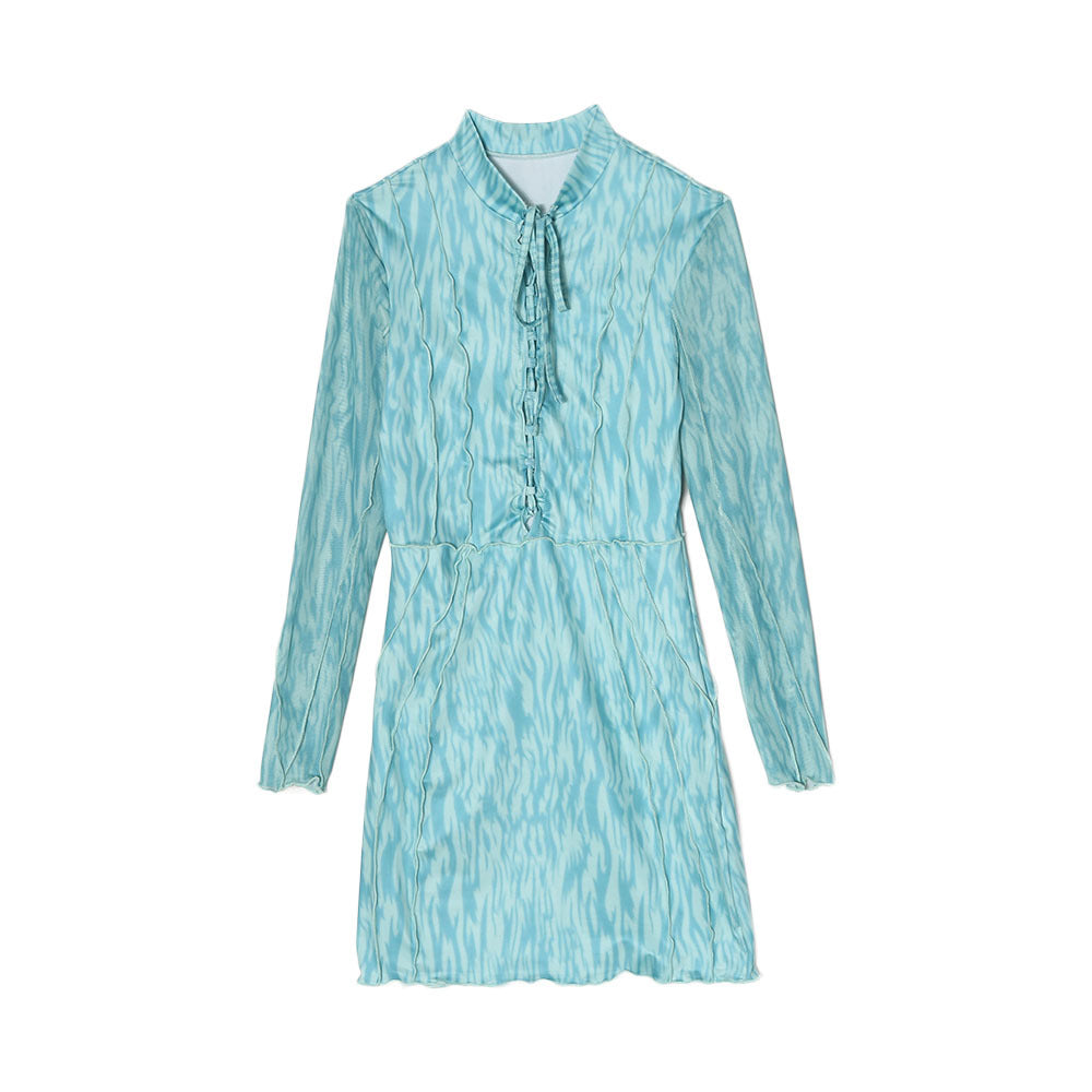 Hollow Lace-Up Mesh Long-Sleeved Dress