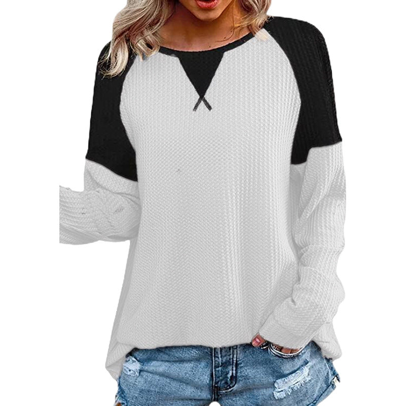 Waffle Stitching Long-sleeved Round Neck T-shirt