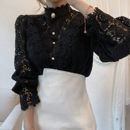 Design Palace Style Blouse Lace Stand-up Collar Long-sleeved Shirt