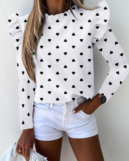 Ruffled Long Sleeve Crew Neck Pineapple Print Blouse