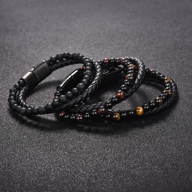 Men's Double Layer Stainless Steel Black Buckle Braided Bracelet