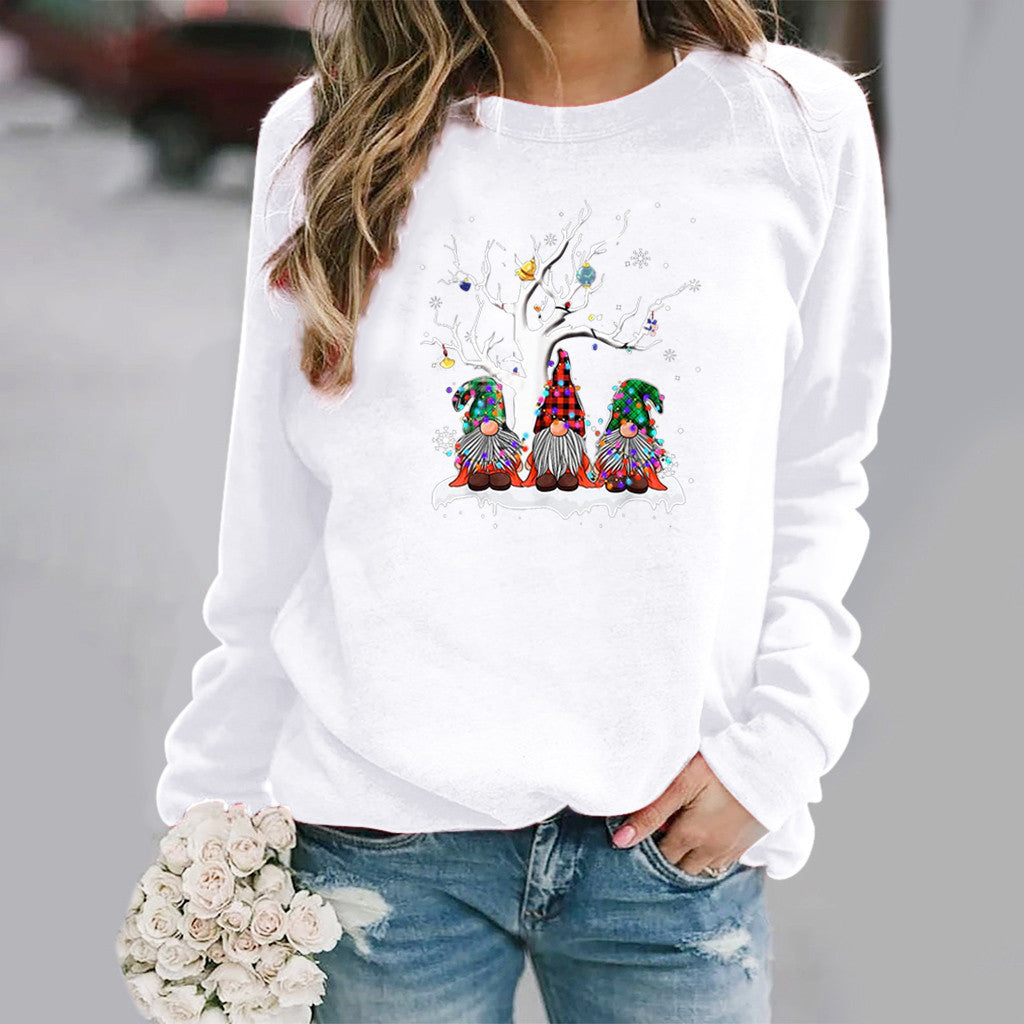 Christmas Tree Print Hoodless Round Neck Sweatshirt Women's Top