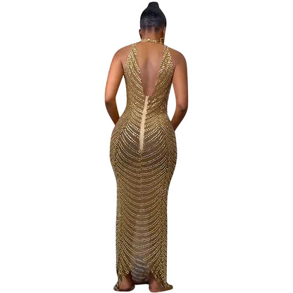 Women Backless Nightclub Party Rhinestone See-through Dress