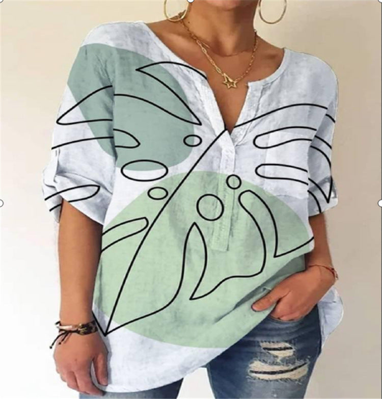 Camisa suelta de manga larga con cuello en V estampada