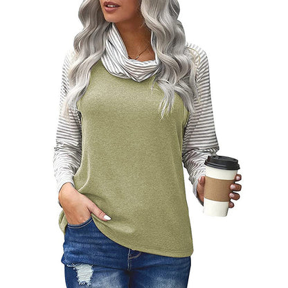 Stitching Long-sleeved Pile Neck Top Printed T-shirt