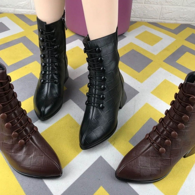 Thick-heeled Leather Mid-boots Women's New Fashion Plus Velvet
