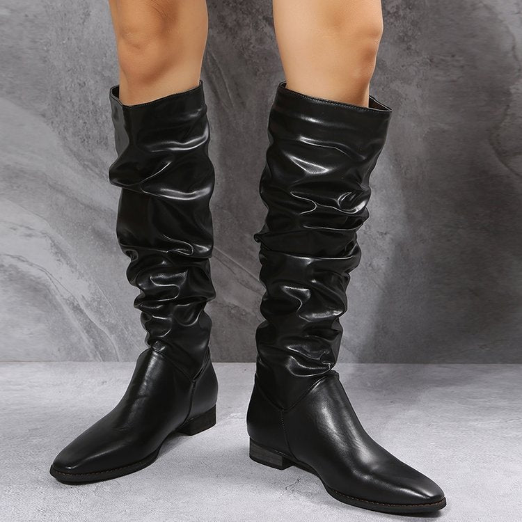 Botas plegables de moda de tubo largo con tacón bajo en punta