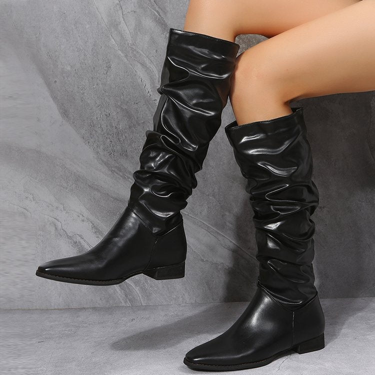 Botas plegables de moda de tubo largo con tacón bajo en punta