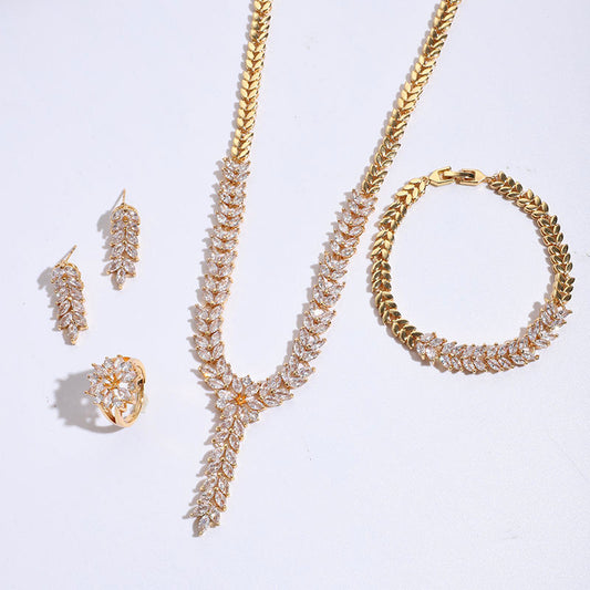 Gold Plated Jewelry Sets Leaf Shape Long Cubic Zirconia  For Women