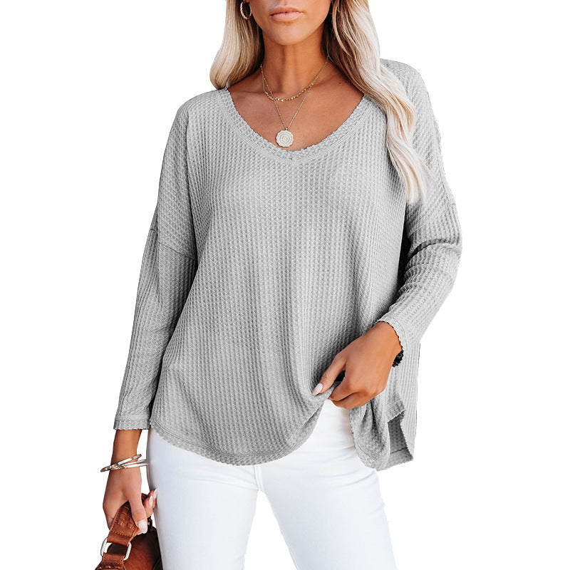 Nueva camiseta de gofre suelta casual de manga larga con cuello en V Top