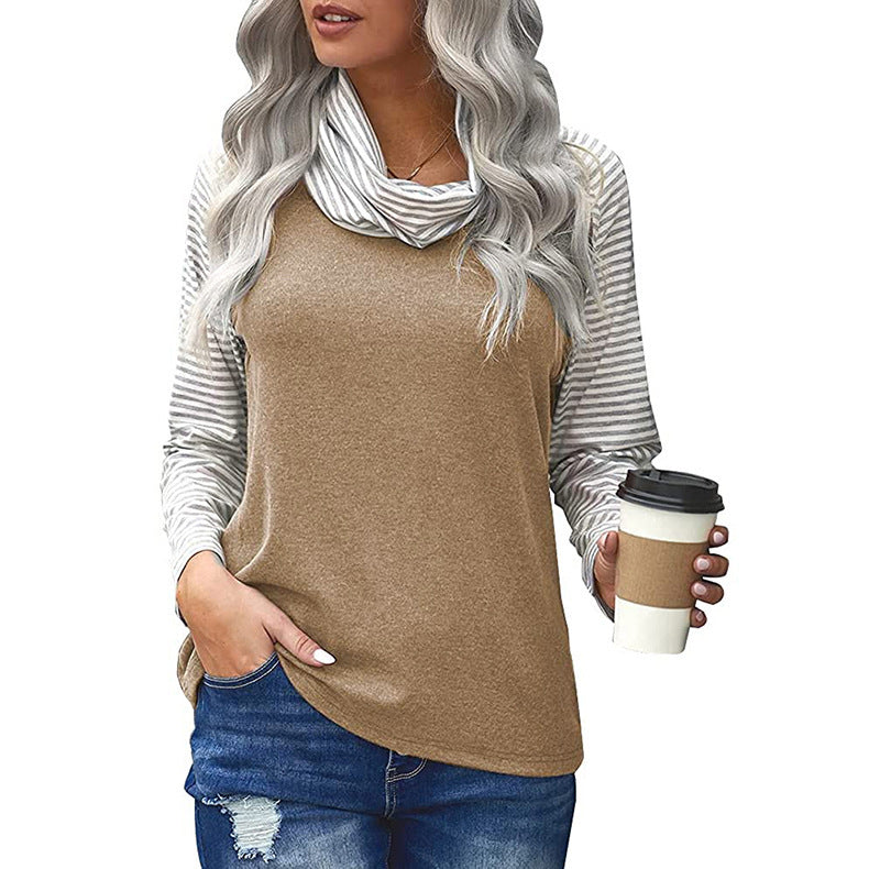 Stitching Long-sleeved Pile Neck Top Printed T-shirt