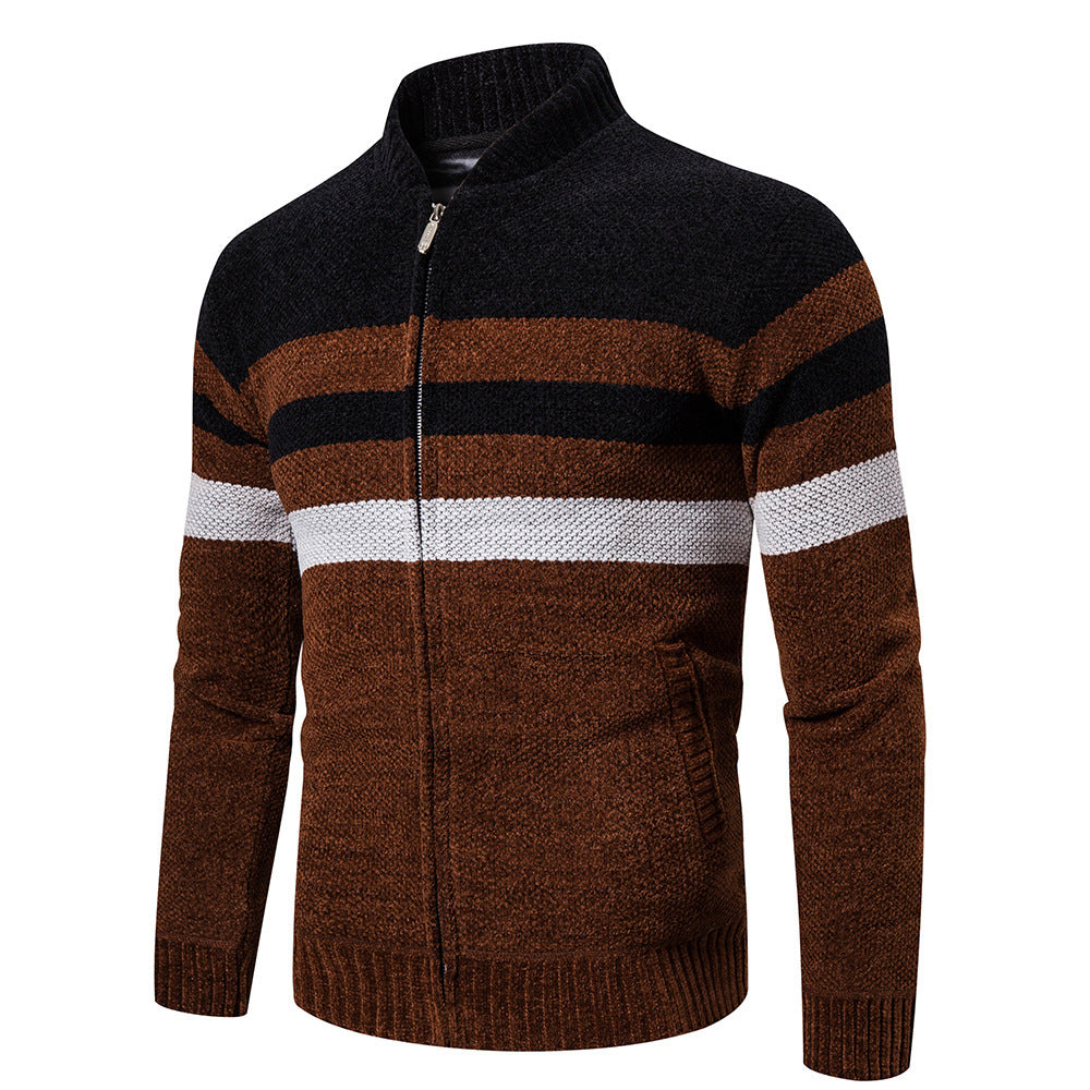 Casual Sweater Men Stand Collar Striped Color Matching Long Sleeves