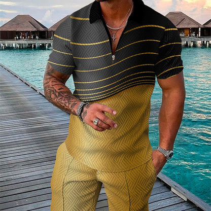 Conjunto de camisa con solapa y cremallera geométrica de manga corta con estampado 3D para hombre