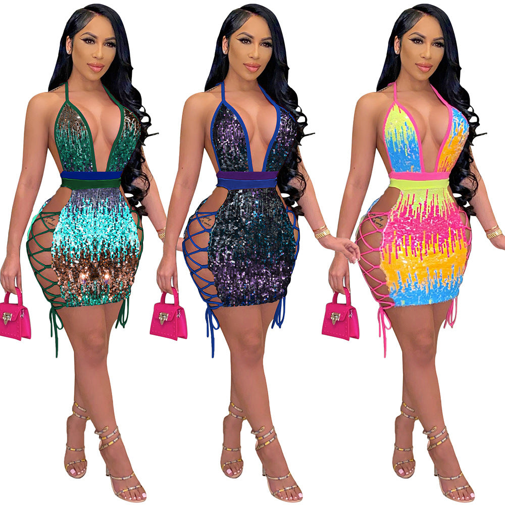 Women Halter Back Sequin Contrast Dress