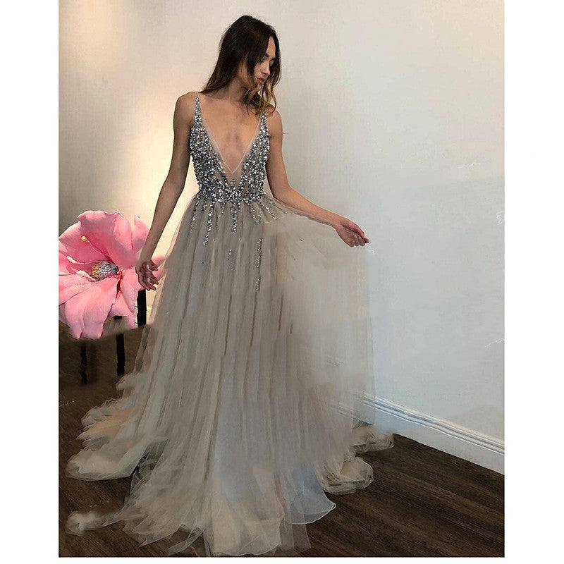 Robe de soirée d'anniversaire pour hôte de banquet gris diamant
