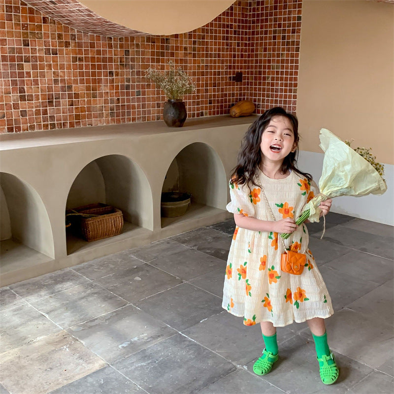 Vestido Infantil Flor Naranja Plisado Casual
