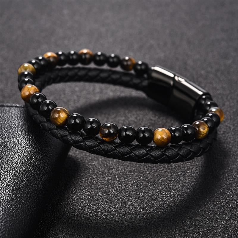 Men's Double Layer Stainless Steel Black Buckle Braided Bracelet