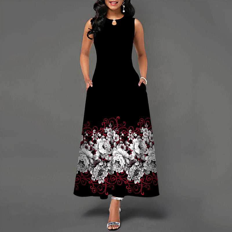 Black and White Color Block Floral Print Maxi Dress