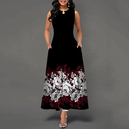 Black and White Color Block Floral Print Maxi Dress