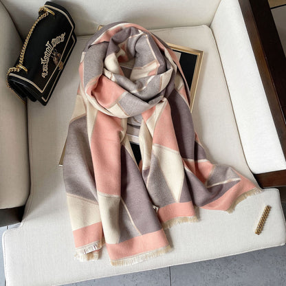 Color Block Warm Scarf Shawl Double-sided Imitation Cashmere