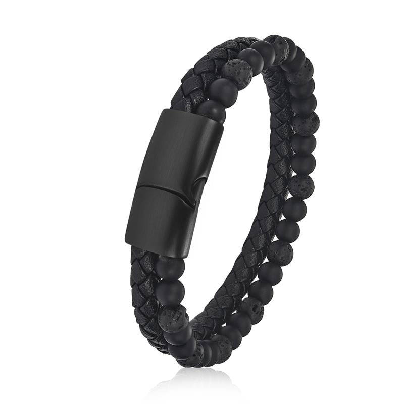 Men's Double Layer Stainless Steel Black Buckle Braided Bracelet