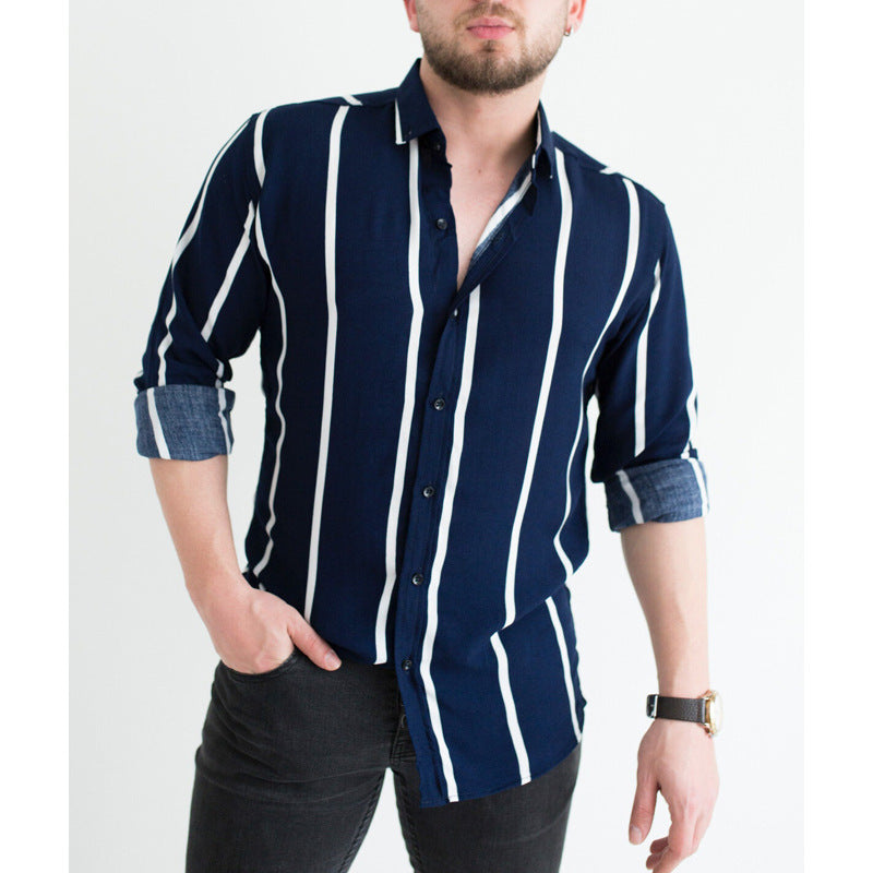 Camisa informal de negocios con solapa a rayas estampadas para hombre