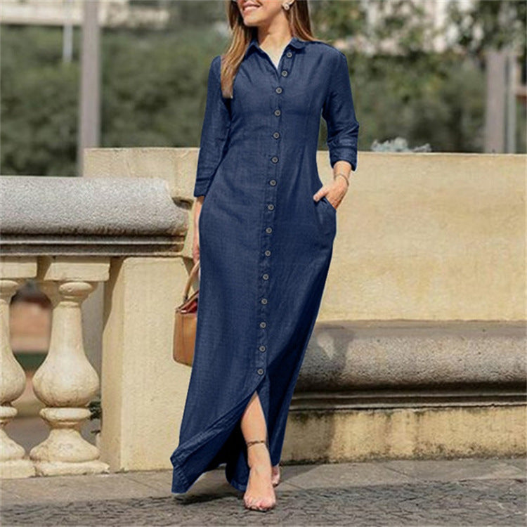 Robe longue boutonnée en denim à col chemise
