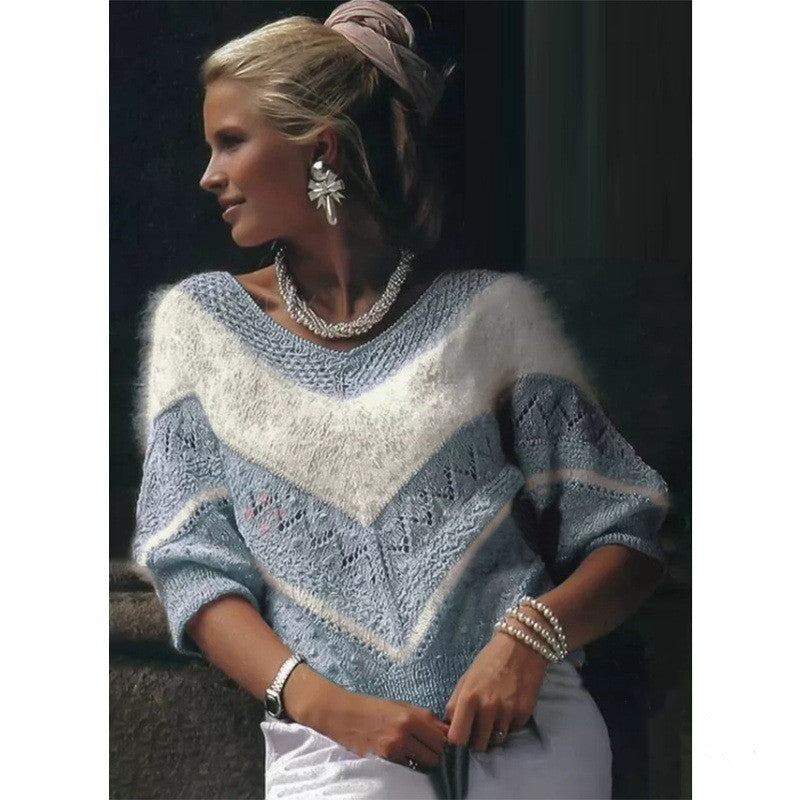 Suéter con cuello en V de costura a rayas de mujer casual de moda