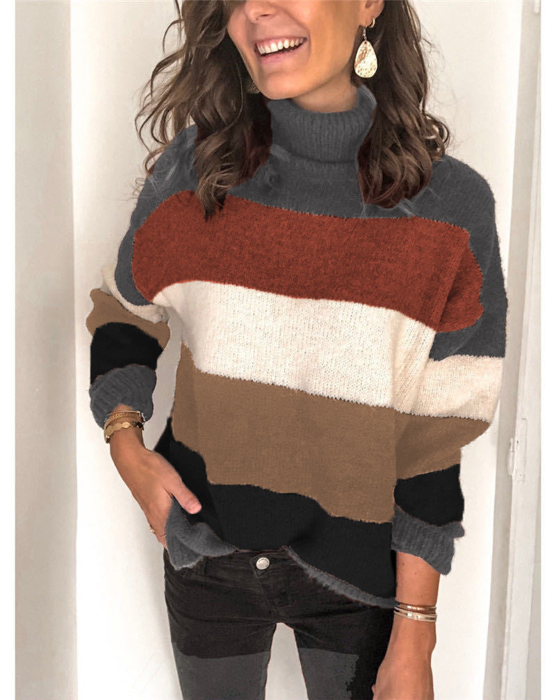 Ladies High Neck Stitching Knitted Striped Sweater