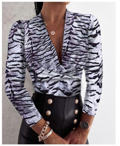 Long Sleeve V-neck Leopard Print Ladies Blouse