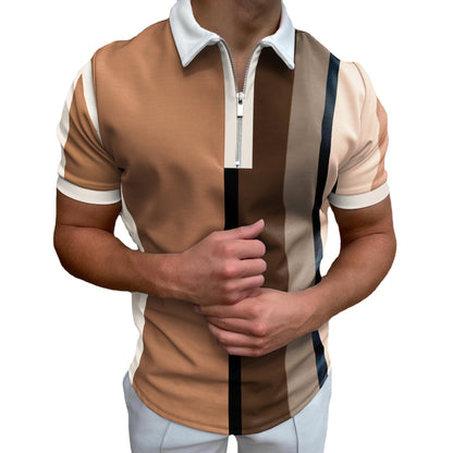 POLO Lapel Casual Short Khaki Striped T-Shirt