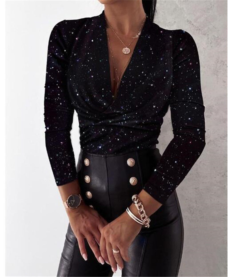 Long Sleeve V-neck Leopard Print Ladies Blouse