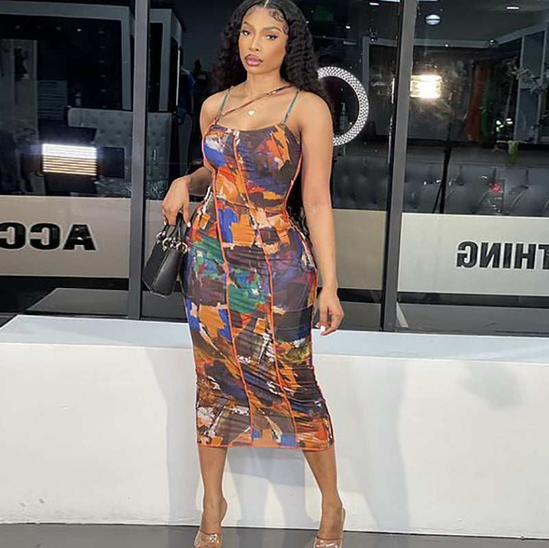 Vestido halter con estampado de tirantes de verano para mujer