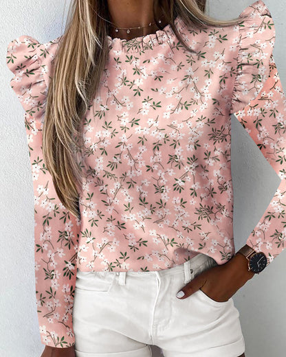 Ruffled Long Sleeve Crew Neck Pineapple Print Blouse