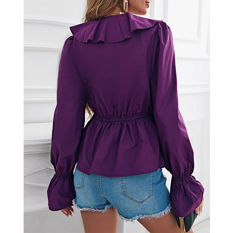 Ruffled V-neck Long-sleeved Bottoming Blouse