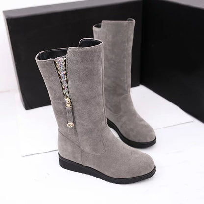 Women's Plus Size Mid-top  Frosted Side Zipper Flat Boots