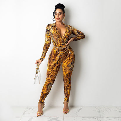 Snake Print Digital Print Long-Sleeved Skinny Jumpsuit