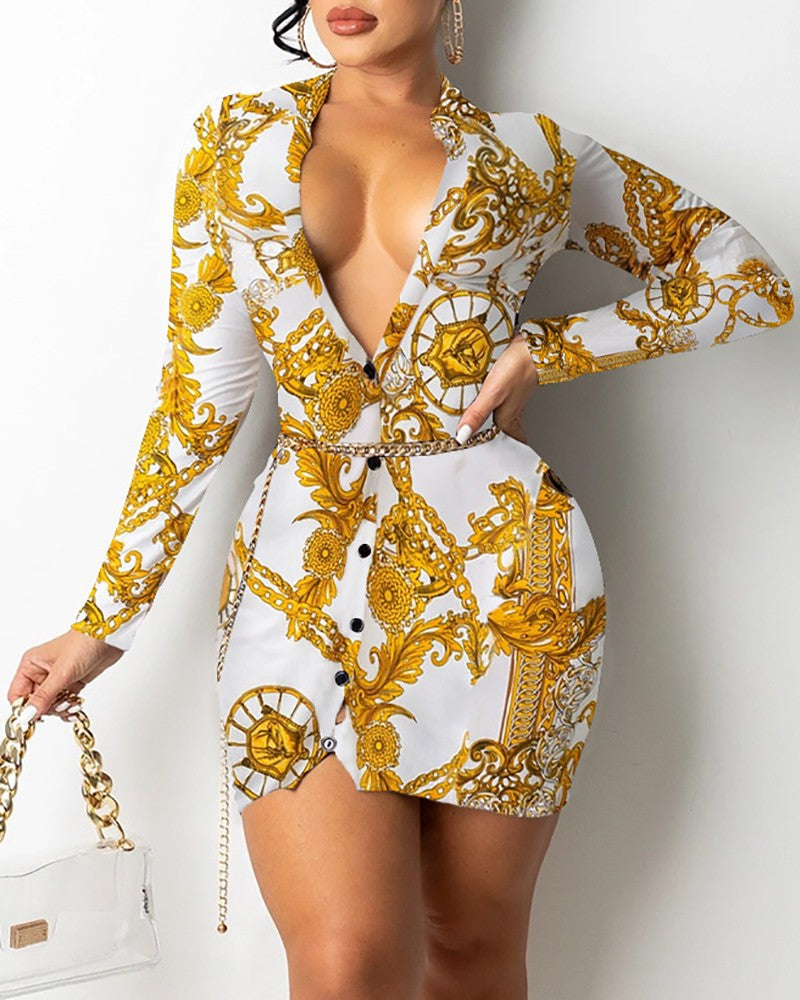 Printed V-neck Long-sleeved Midi Dress