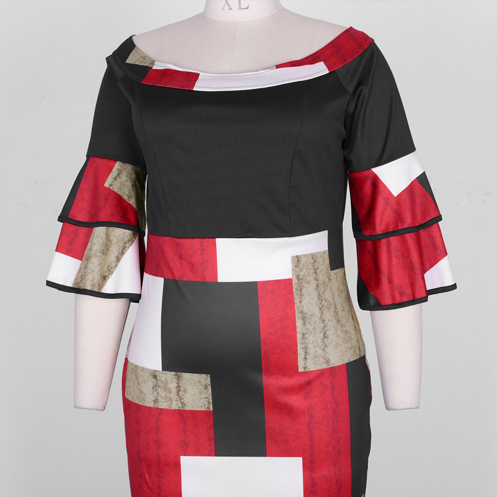 Nouveau style manches volantes robe imprimée trois-quarts grande taille pour femmes
