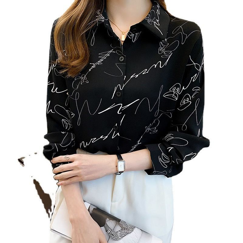 Chemise Femme à Manches Longues en Mousseline de Soie Imprimé Peinture à l'Encre